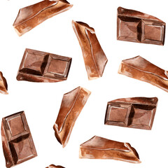 Pieces of chocolate watercolor seamless pattern. Template for decorating designs and illustrations.