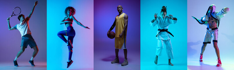 Collage of different professional sportsmen, fit people in action on color neon background. Flyer. - Powered by Adobe