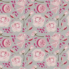 Seamless delicate pattern of desserts with rose flowers and rosebuds, for your holiday, pastry shops and other design on a gray background