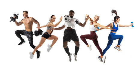 Sport collage. Running, fitness, soccer football players in action isolated on white studio background.
