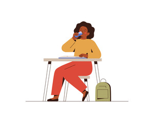 Female student drinks water from a glass with pleasure. African American school girl quenching thirst at home or in classroom. Concept of healthy lifestyle and prevention of dehydration. Vector illust - obrazy, fototapety, plakaty