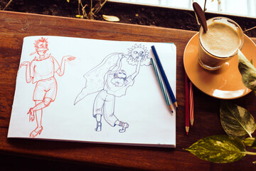 Hand drawn sketches of people wearing costumes, green plant, coffee on a window sill. Making up clothes ideas for Halloween. Cock guy and sky boy, hand drawn with red and blue pencils.