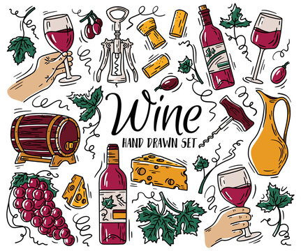 Vector color set with wine and cheese in Doodle sketch style. Linear icons for the menu of grapes and bottles.