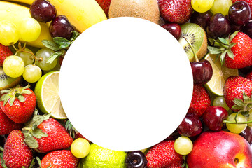 macro juicy fruits. summer background from a large harvest of fruits with white circle for a copy space