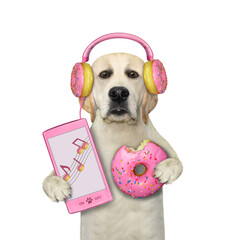 A dog labrador in pink donut earphones holds a smartphone and a doughnut. White background....