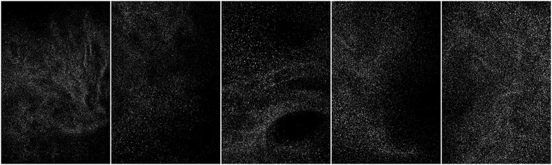 Set of distressed white grainy texture. Dust overlay textured. Grain noise particles. Snow effects pack. Rusted black background. Vector illustration, EPS 10.   