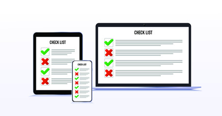 Check list on the tablet, phone, computer. Choice yes or no, vote, recall. Flat style isolated on white. Vector illustration