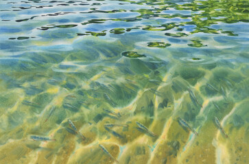 Fototapeta na wymiar Sunny water with transparent waves watercolor background