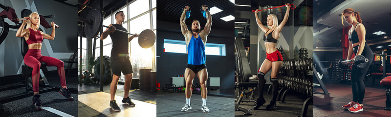 Muscular young female and male athlete, collage with the different photos of models. Caucasian...
