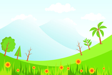 Spring landscape countryside with green meadow hills with blue sky