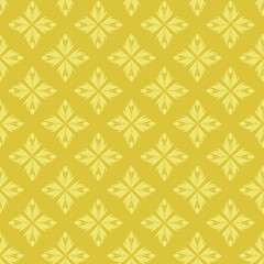 Seamless pattern with a pattern of the silhouette of tulips and leaves. Design in gold and yellow for printing, packaging, fabric. Damascus styling. Vector illustration