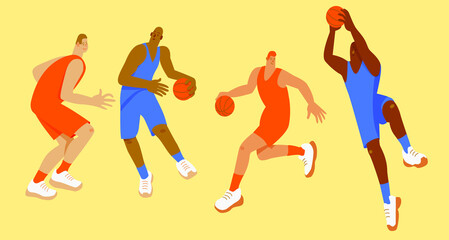 basketball players in orange and blue uniforms in different poses. set