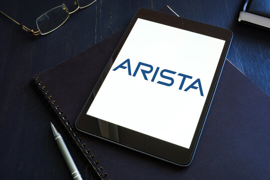 KYIV, UKRAINE - June 30, 2021. Arista Networks company logo on the tablet. Editorial.