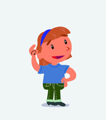 happy cartoon character of little girl on jeans explaining something with exam in hand