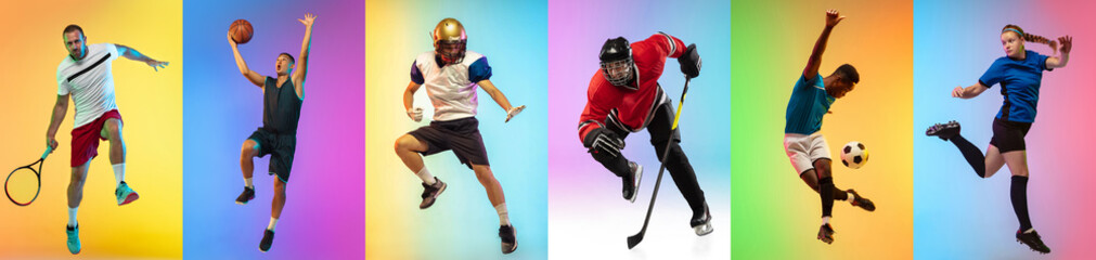 Fototapeta premium Collage of different professional sportsmen, fit people in action on color neon background. Flyer.