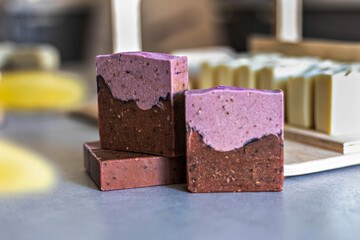 Layout and packaging of fresh prepared handmade soap and cosmetics for body skin care. Home spa. Small business