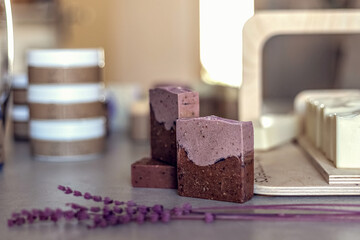 Layout and packaging of fresh prepared handmade soap and cosmetics for body skin care. Home spa. Small business