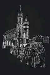 vector sketch of St. Mary's Church and the Main Market Square in the Old Town district of Krakow. Poland. - 442695127