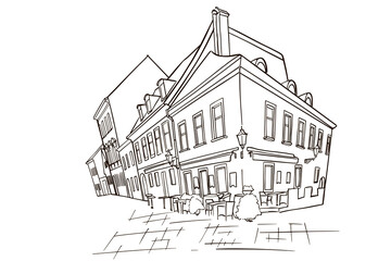 Hand drawn ink line sketch of street scene in Zagreb, Croatia.