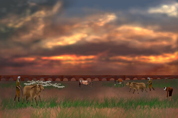 Naklejka na ściany i meble view of farmers grazing animals and plowing fields