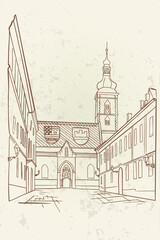 Vector sketch of  Church of St.Mark in St.Mark's square in upper town in Zagreb, Croatia.