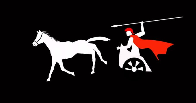 Ancient greek or spartan warrior on chariot 2d animation motion graphic footage on black background