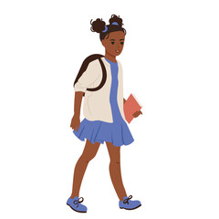 African American school girl with a backpack and a textbook in her hands. Flat vector illustration on isolated white background