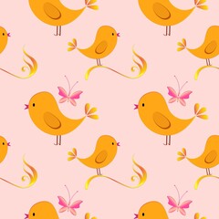 Easter seamless background with chickens...Cartoon illustration as texture...Happy Easter.