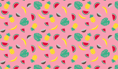 Fruit seamless pattern. Vector flat Illustrations of  watermelon, banana, coconut, pineapple, leaf for web, print and textile.