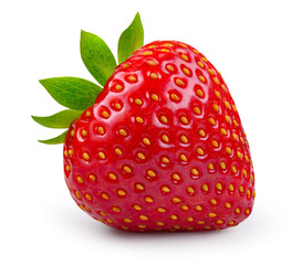 Strawberry isolated. Whole strawberry with leaf on white background. Perfect retouched berry with clipping path.  Full depth of field..