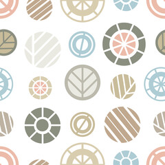 Calm colorful circles with striped elements inside on a white background. Seamless geometry abstract pattern. Suitable for textile, wallpaper, packaging.