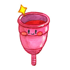 Cute pink menstrual cup character. Silicone cup with sparkle. Watercolor illustration for feminine hygiene and medicine. 