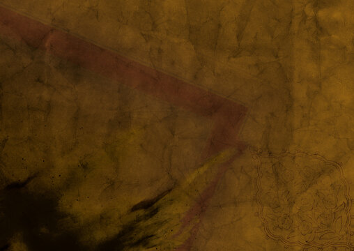 Vintage background for your designs. Brown paper textured background with red stripes containing black brush spots with a blend of Ottoman Hatai Illumination form.