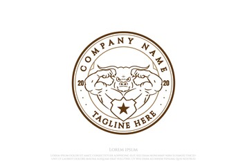 Hipster Vintage Retro Muscular Bull Longhorn Sport Gym Fitness Logo Design Vector