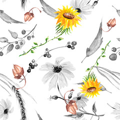 Vintage seamless watercolor pattern of plants. Herbs, flowers, chamomile,calendula flowers watercolor.A branch with a berry, lingonberry, a spikelet of wheat, cereal. drawing floral background.acorn