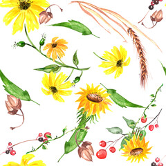 Vintage seamless watercolor pattern of plants. Herbs, flowers, chamomile,calendula flowers watercolor.A branch with a berry, lingonberry, a spikelet of wheat, cereal. drawing floral background.acorn