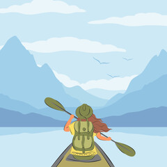 Woman with a backpack swimming in canoe or kayak among the mountains. Tourist in water trip. Wild and water fun on summer, local tourism. Vector illustration in a flat style