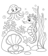 Cartoon seahorse, jellyfish, corals, shell with pearl. Coloring page. Illustration for children. Cute and funny cartoon characters.