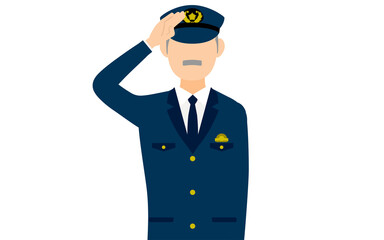 シニア男性警官のポーズ、敬礼