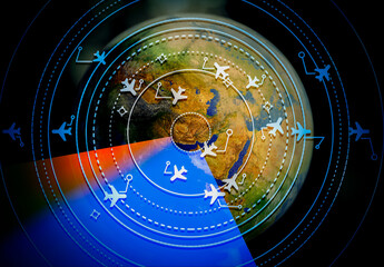 Simulated screen showing different flights for transport and passengers with the world as a...
