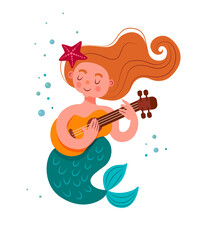 cute mermaid with red hair plays the guitar