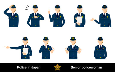 シニア女性警官のポーズセット9点、敬礼や制止、取り締まりなど