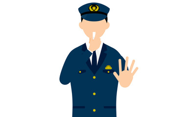 若い男性警官のポーズ、笛を吹いて制止する