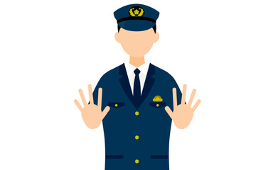 若い男性警官のポーズ、両手を前に出して制止する