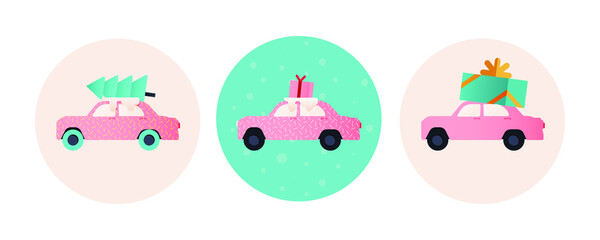 Transport Set. Modern Flat Vector Concept Illustrations. Badges with Cars with Gifts and Fir Tree on Top. Social Media Ads.
