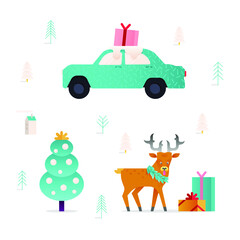 Vector Set Illustrations of Flat Cute Car with Gift on Top, Fir Tree and Deer with Gifts and Elements. Funny Stickers. Happy New Year and Merry Christmas.