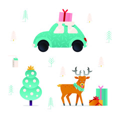 Vector Set Illustrations of Flat Cute Car with Gift on Top, Fir Tree and Deer with Gifts and Elements. Funny Stickers. Happy New Year and Merry Christmas.