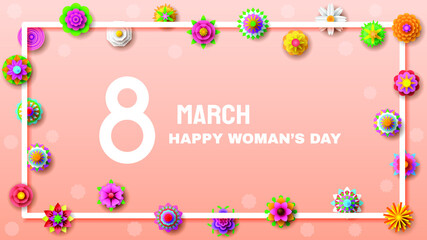 8 March Happy Woman's Day Greeting Flowers Frame  Background. Vector Design Banner Party Invitation Web Poster Flyer Stylish Brochure, Greeting Card Template