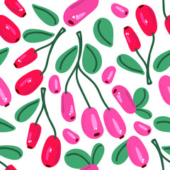 Seamless pattern of hand drawn barberries with leaves. Modern print.