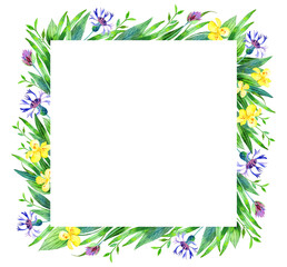 A set of natural elements - leaves, flowers, herbs, hand-painted in watercolor. The greenery of the garden and forest, painted in watercolor, is isolated on a white background